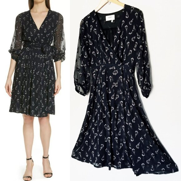 Ba&sh Memory Noir Lady Midi Dress Silk Blend Wrap Chiffon Party Romantic XS $395 - Picture 2 of 16